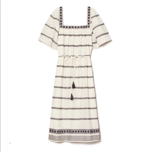 NWT Tory Burch Embroidered Midi Dress, Linen Blend, Ivory & Navy, Size M - Picture 2 of 11